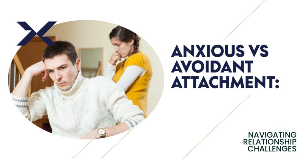 A worried man sitting with his head resting on his hand while a woman stands behind him looking anxious, representing anxious and avoidant attachment styles in relationships.