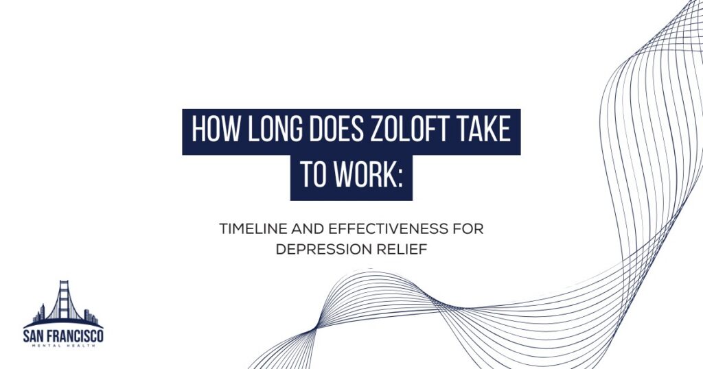 Graphic titled "How Long Does Zoloft Take to Work: Timeline and Effectiveness for Depression Relief" by San Francisco Mental Health.